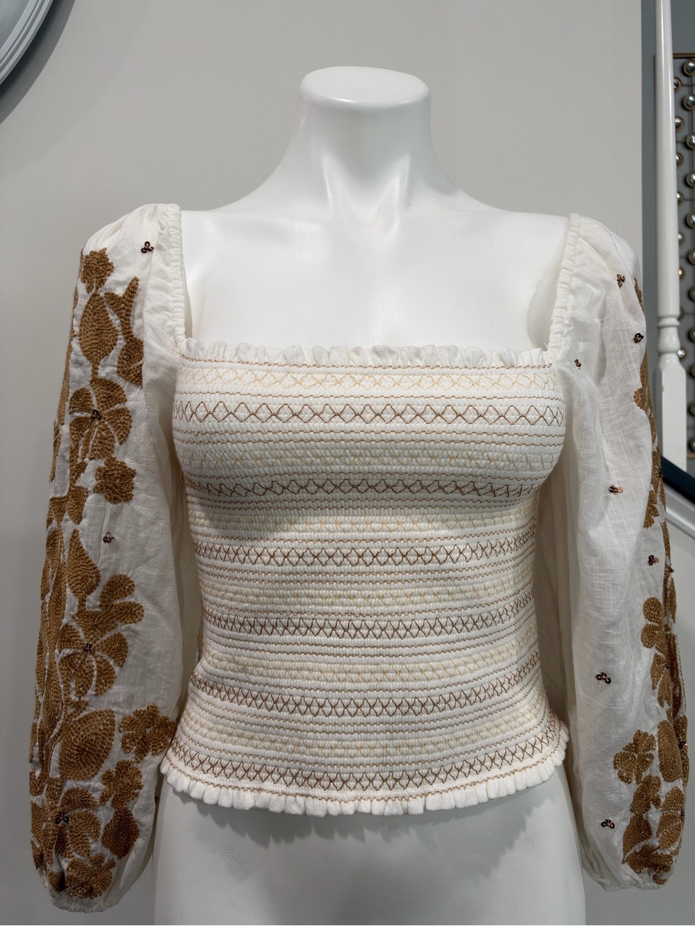 Anthropologie Smocked Embroidered Top Womens size XXS